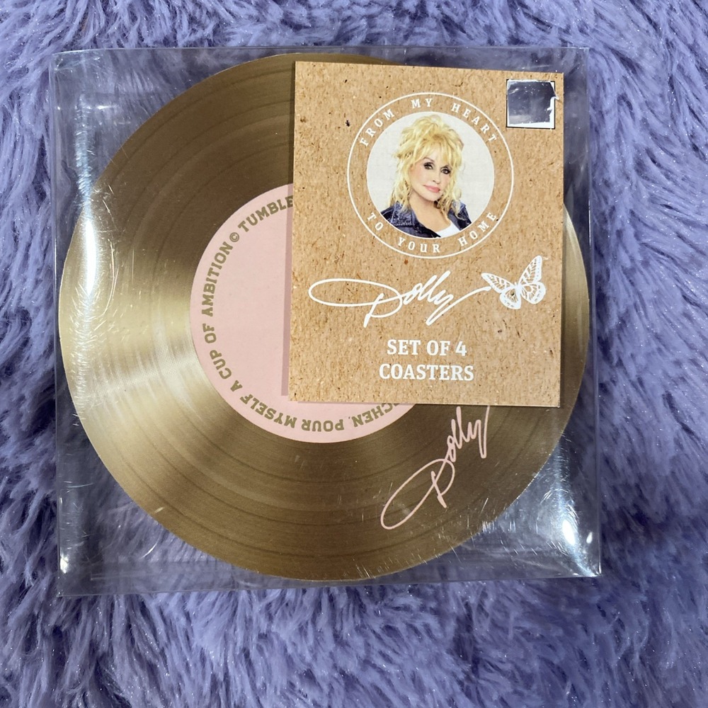 Dolly Parton Gold Vinyl Record Coasters Set of 4 9 to 5 Lyrics Butterfly Logo